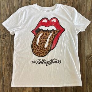 Rolling Stones Concert Band Tee Shirt Womens M White Leopard Tongue Mick Jagger